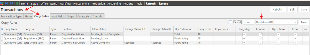 The Copy Rules tab in Transactions setup, listing the copy rules from Quotations to Quotations, Requisitions, and Sales Orders.