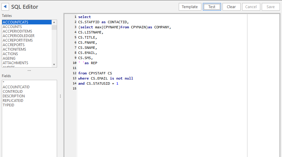The SQL Editor showing the Staff contact-group query, selecting staff ID, company, name, and email from CPYSTAFF.