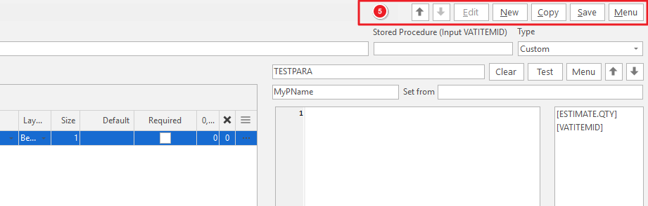 The top-row navigation buttons (5) and a parameter's own Clear/Test/Menu buttons used to test its stored procedure.