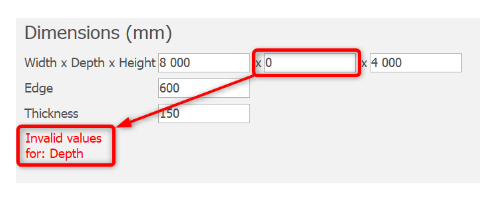 A Dimensions (mm) input group with the Depth field highlighted red and an error message reading 'Invalid values for: Depth'.