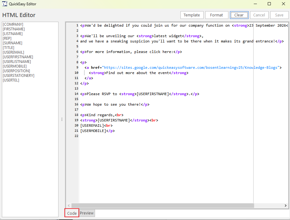 The QuickEasy HTML Editor with the AI-generated invitation HTML pasted on the Code tab, and the merge fields listed on the left.