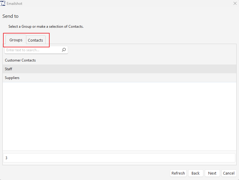 The Emailshot 'Send to' dialog with Groups and Contacts tabs for selecting recipients.