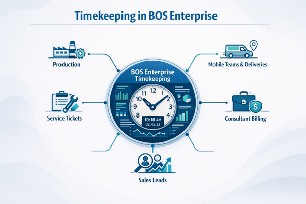 Timekeeping in BOS Enterprise connects Production, Mobile Teams & Deliveries, Service Tickets, Consultant Billing, and Sales Leads.