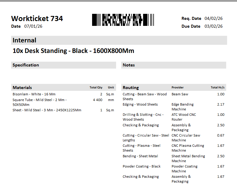 An example Workticket for a Desk Standing item, grouped by Service, showing the Materials and Routing sections.