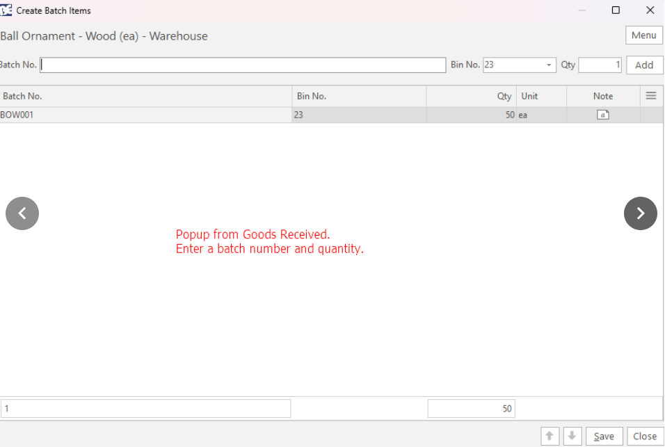 The Create Batch Items popup from Goods Received, for entering a batch number and quantity.