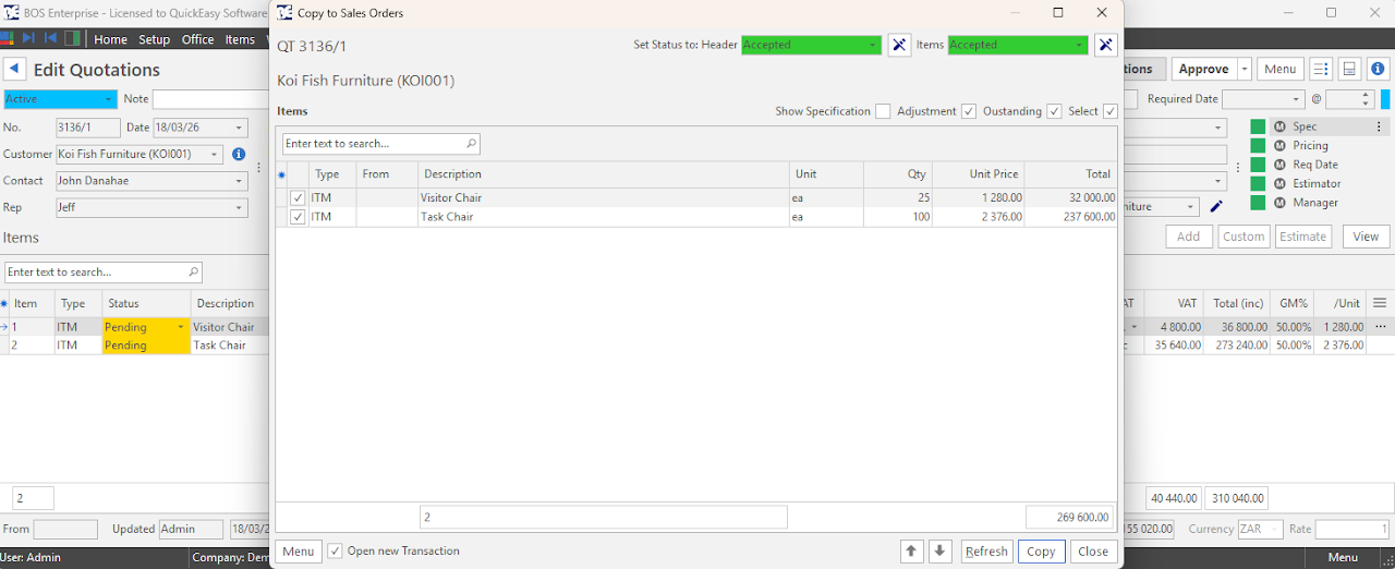The Copy to Sales Orders dialog, with the header and item Set Status to dropdowns both set to Accepted.