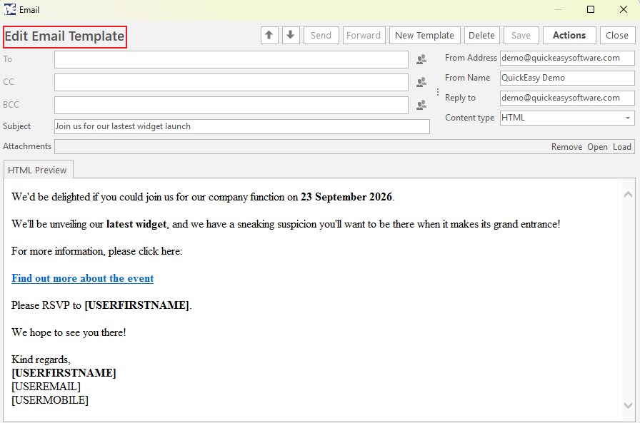 The completed Email Template with its Subject, From Address, and HTML Preview of the invitation email.