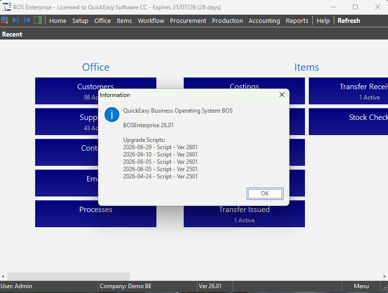 The About QuickEasy Software popup, listing upgrade scripts applied on 29 June, 10 June, and 5 June 2026.
