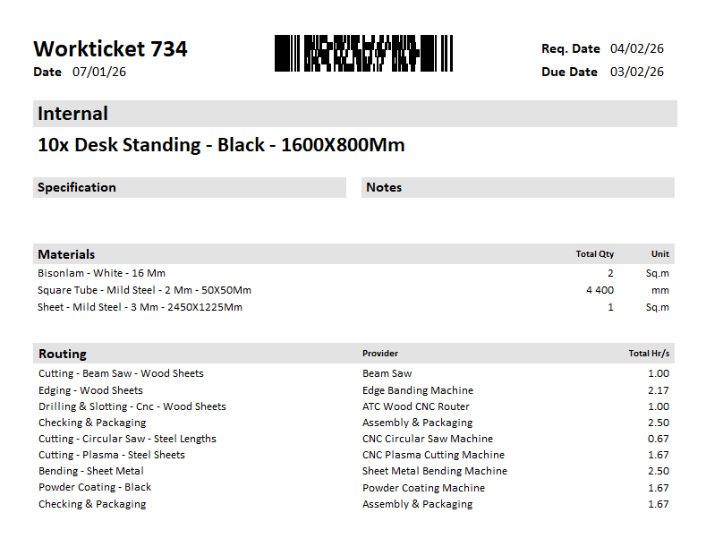 The same example Workticket for a Desk Standing item, grouped by Assemblies, showing the Materials and Routing sections.