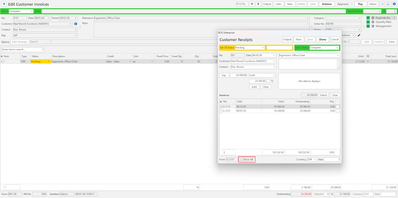 The Customer Receipts popup with Show All checked, listing all of the customer's outstanding invoices.