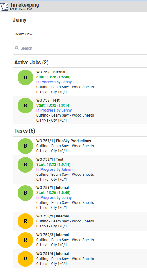 The Timekeeping screen showing Active Jobs in progress alongside the full Tasks list.