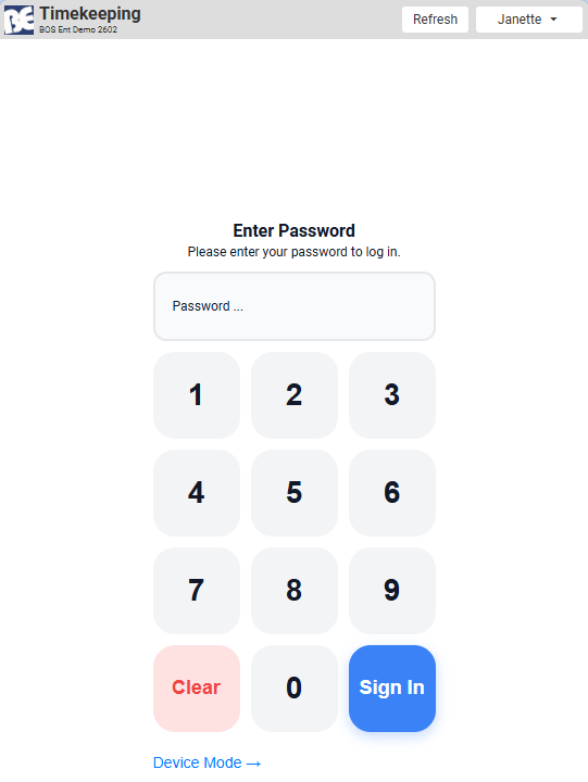 The Enter Password screen with a numeric keypad and a Device Mode link below it.