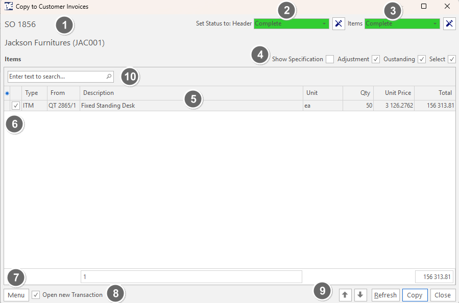 The Copy to Customer Invoices dialog, with numbered markers 1 to 10 over the transaction name, status dropdowns, filters, item grid, and buttons.