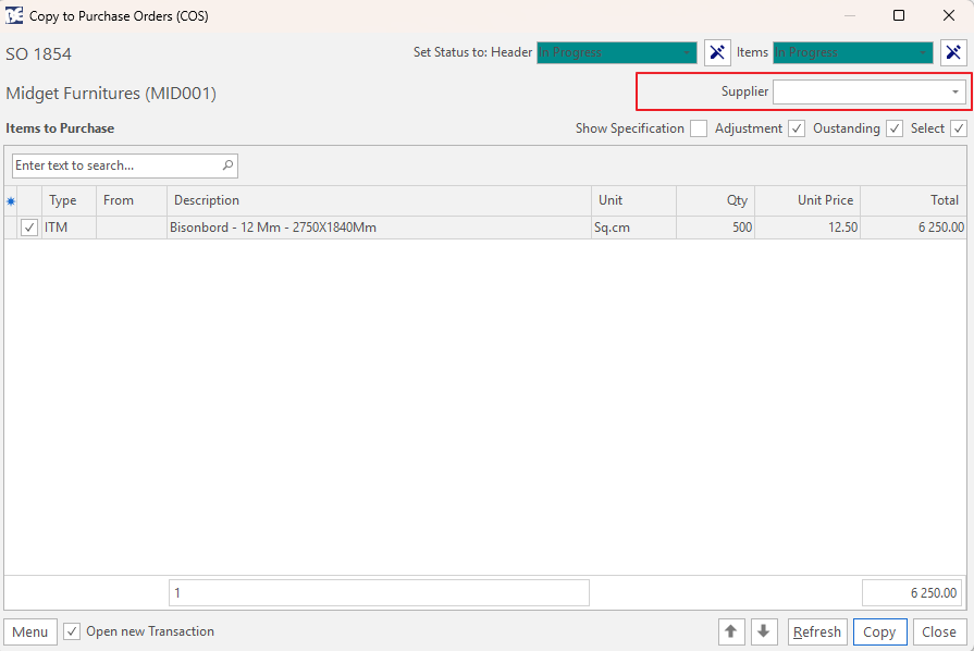 The Copy to Purchase Orders dialog, with the mandatory Supplier field highlighted.
