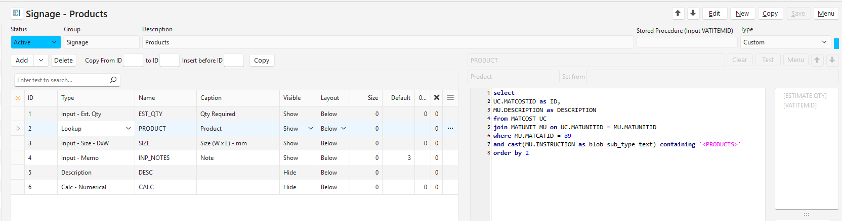 The PRODUCT parameter (ID 2) selected, showing its Lookup stored procedure that selects materials from the Products subcategory.