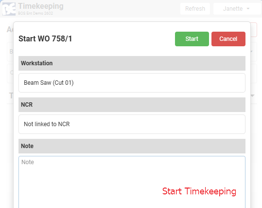 The Start Work Order popup, with Workstation and NCR fields and Start/Cancel buttons.