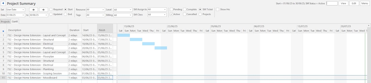 The Project Summary report's Gantt tab, showing the same tasks plotted against a calendar.