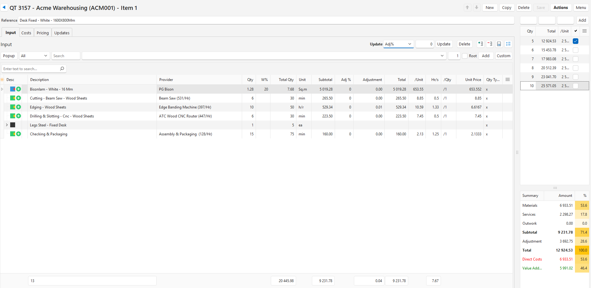 A General Estimate's Input tab, listing materials and services added to a Desk Fixed item with quantities, providers, and totals.