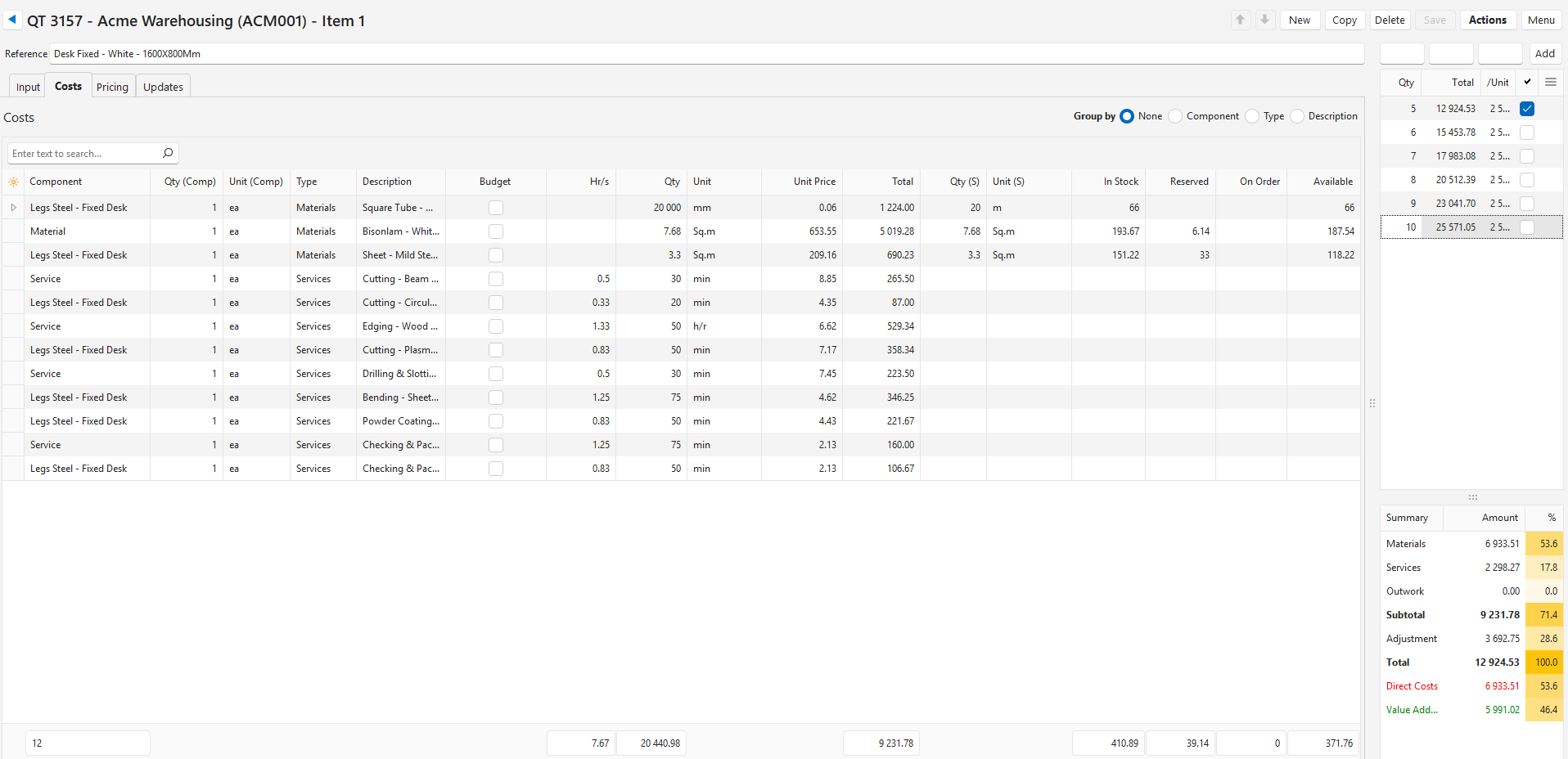 The same General Estimate's Costs tab, listing the components with their quantities, hours, and unit prices.