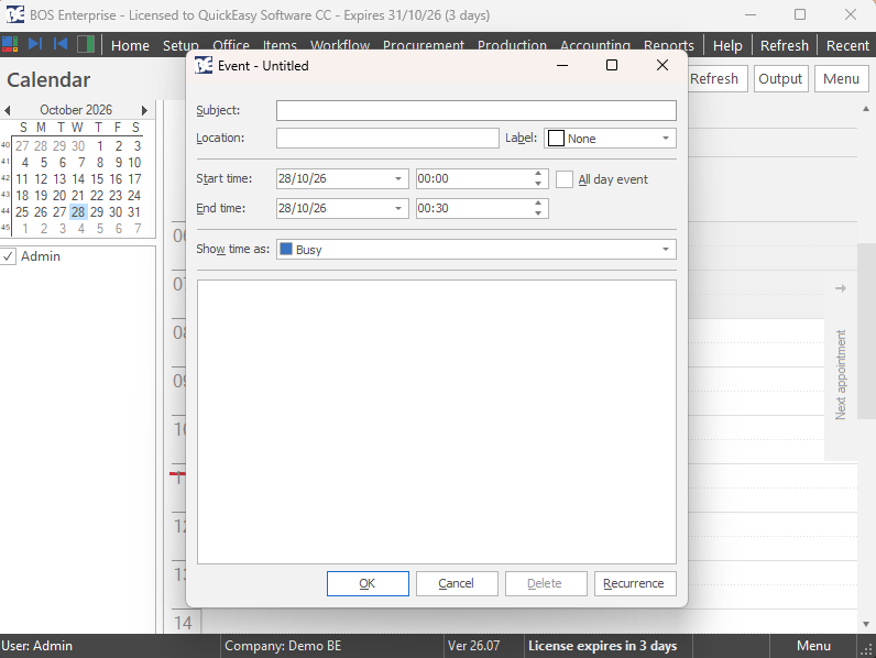 The Event window with Subject, Location, Label, Start time, End time, All day event, Show time as and a notes box, and the OK, Cancel, Delete and Recurrence buttons.