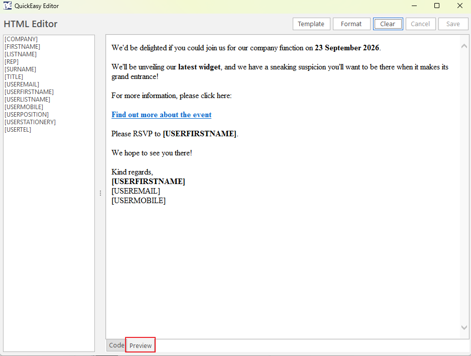The QuickEasy HTML Editor's Preview tab showing the formatted invitation email, with the merge fields listed on the left.