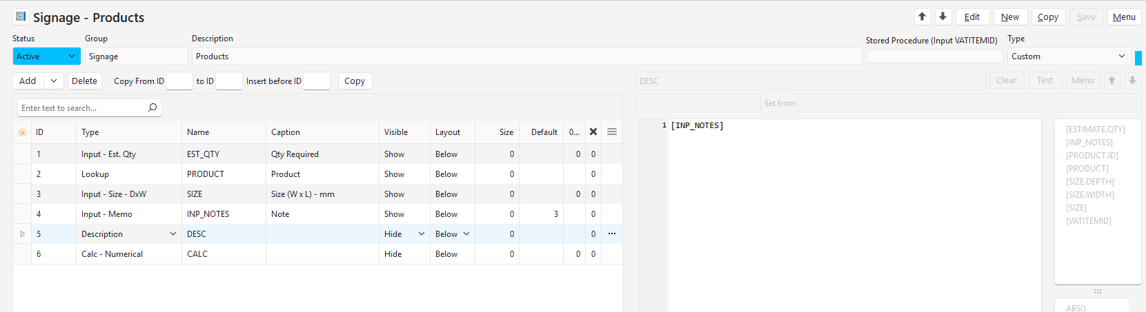 The DESC parameter (ID 5) selected, showing its stored procedure referencing [INP_NOTES].