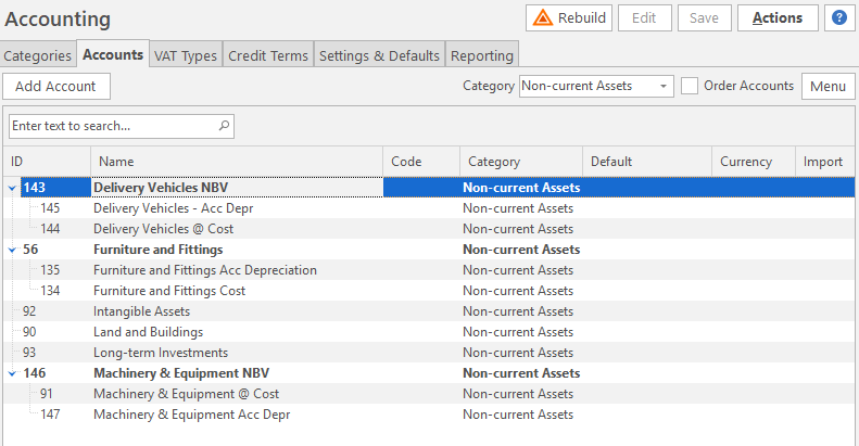 The Chart of Accounts, showing Non-current Assets accounts nested by NBV, with Acc Depr and @ Cost accounts nested underneath, for Delivery Vehicles, Furniture and Fittings, and Machinery & Equipment.