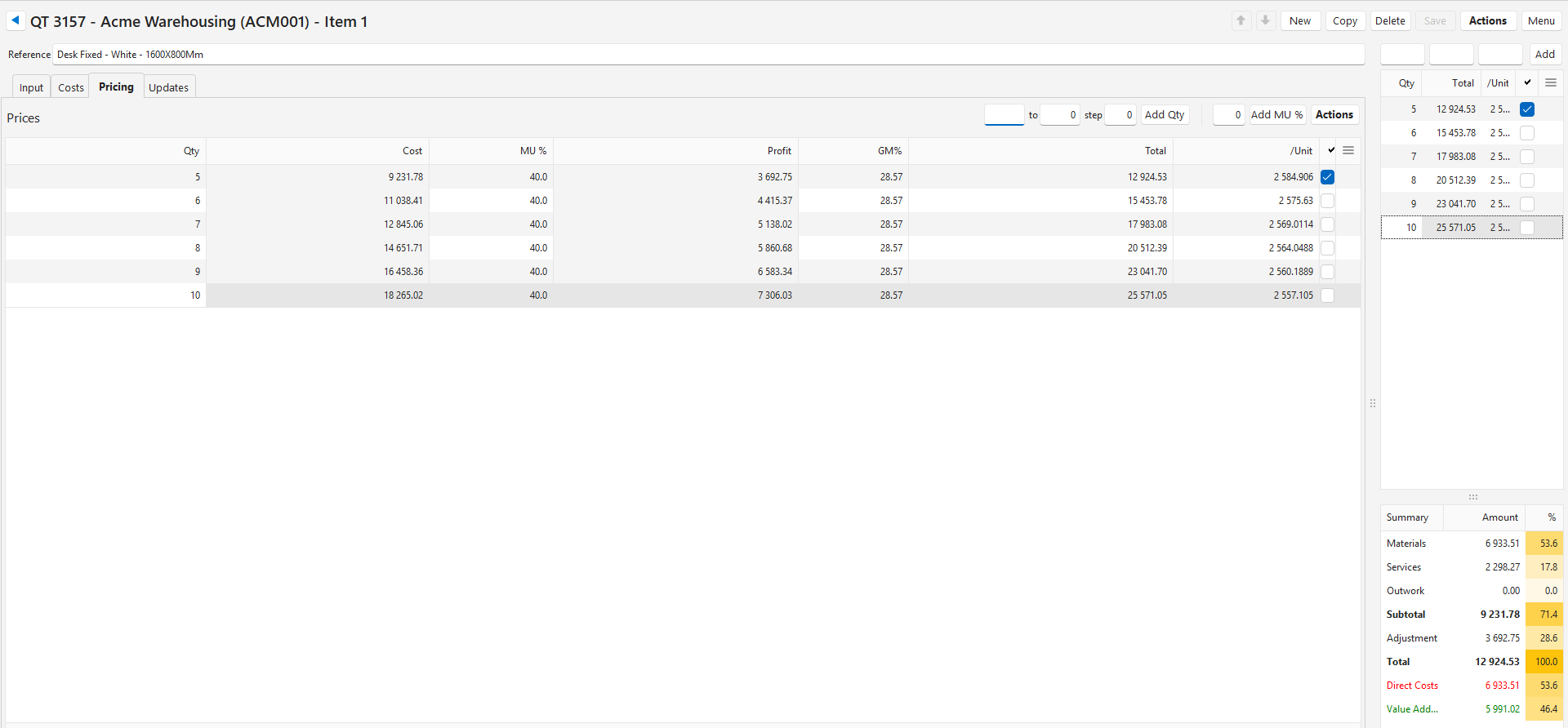 The same General Estimate's Pricing tab, listing prices for quantities 5 through 10 with cost, markup, profit, and GM%.