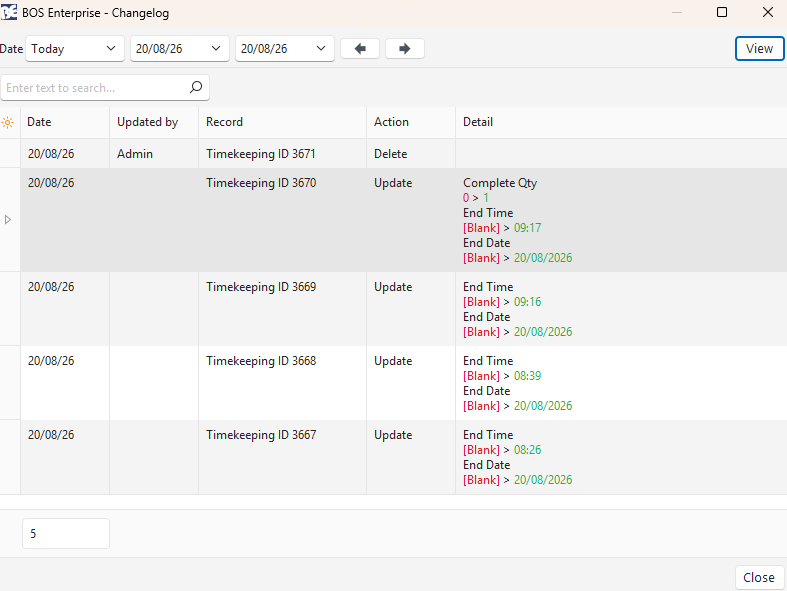 The Changelog for Timekeeping, listing recent updates to End Time and End Date on several timekeeping records.