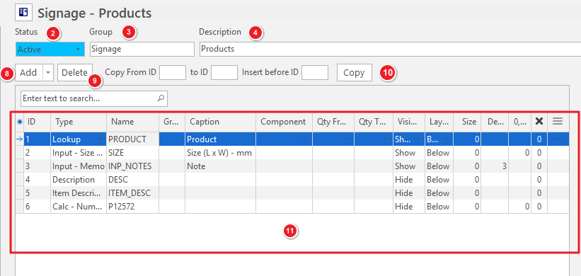 The Estimate Type's Status, Group, and Description header fields, the Add/Delete/Copy buttons, and the parameters grid, numbered 2, 3, 4, 8, 9, 10, and 11.