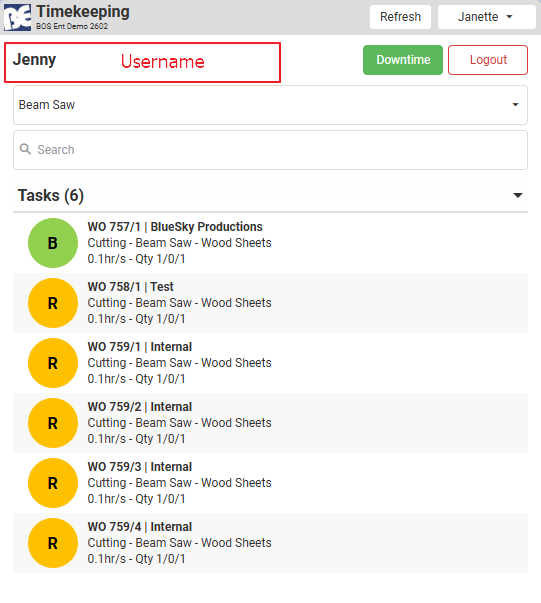 The Timekeeping screen after signing in, with the signed-in user's name highlighted next to Downtime and Logout, and a list of tasks below.