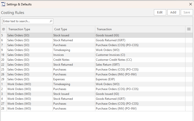 The Costing Rules screen, linking Transaction Types such as Sales Orders and Work Orders to Cost Types like Stock Issued, Purchases, Timekeeping, and Invoices.