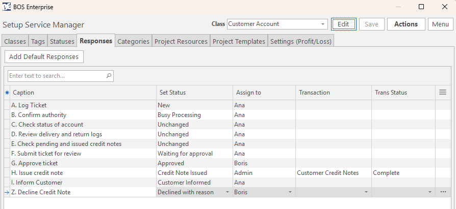 The Setup Service Manager Responses tab, listing numbered responses A to Z for an account query process, each with a Set Status and Assign to.