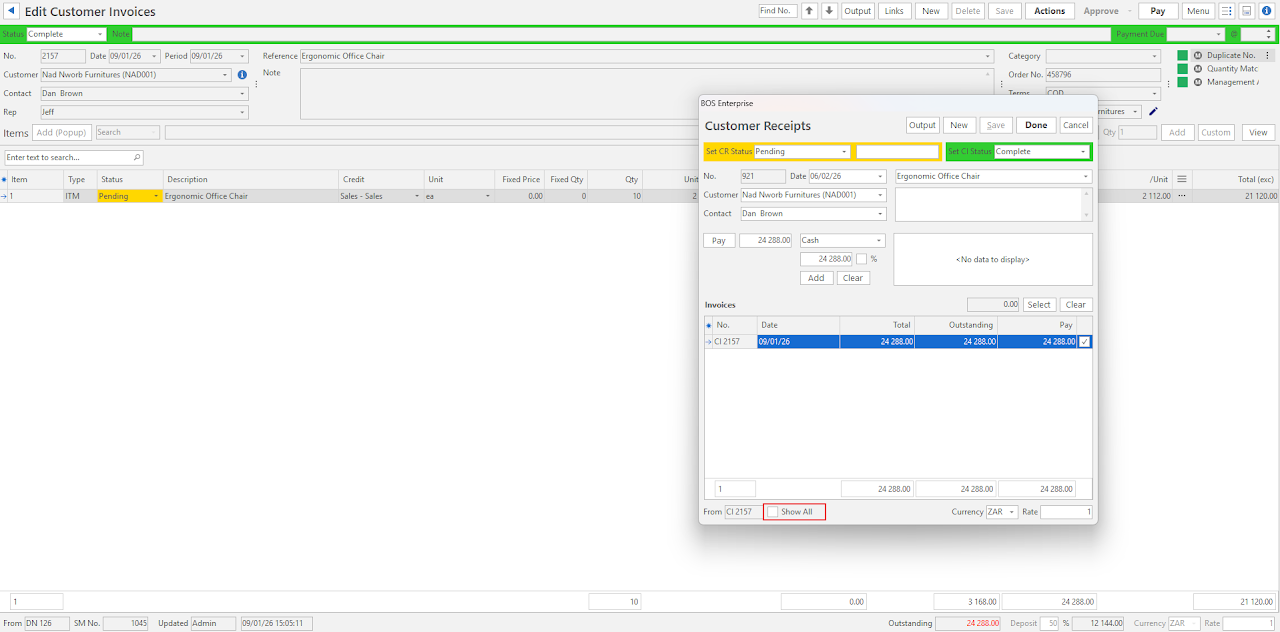 The Customer Receipts popup opened from a single invoice, with Show All unchecked and only the current invoice listed under Outstanding Invoices.