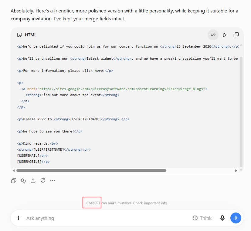 An AI chat generating HTML for a company function invitation email, with merge fields kept intact.